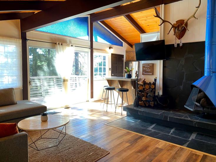 Una imagen del interior de una cabina de Clean Sheets: hay grandes ventanales que dan a la cubierta y a los árboles bañados por la luz del sol en el exterior.