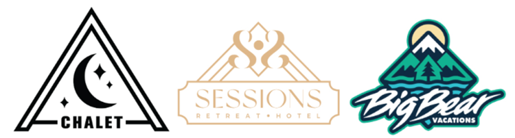 Una serie de tres logotipos digitales de A-Chalet, Sessions Retreat & Hotel y Big Bear Vacations.