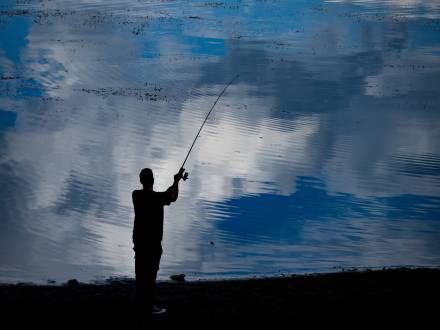 La silueta de un pescador se encuentra en la orilla del lago Big Bear y lanza un sedal al agua. El agua es azul