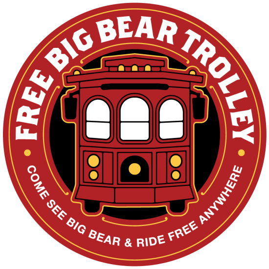 Un logotipo digital para el Free Big Bear Trolley, el carrito es rojo y mira hacia el espectador.