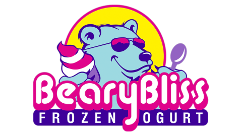 Un logotipo digital para Beary Bliss Frozen Yogurt: muestra a un oso azul que sostiene un vaso de yogur helado y una cuchara morada.