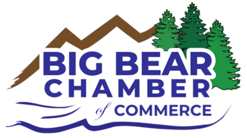 Un logotipo digital para la Cámara de Comercio de Big Bear: representa las montañas, los árboles verdes y un lago azul.
