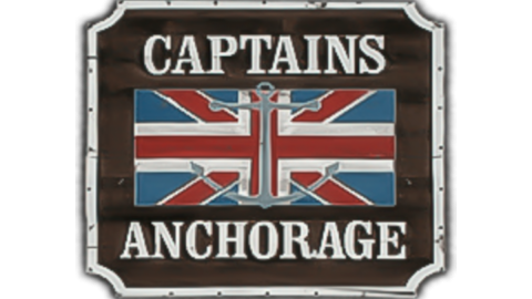 Un logotipo digital para «Captain's Anchorage»: muestra un ancla de barco situada delante de la bandera nacional de Inglaterra.