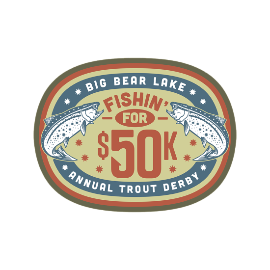 Un logotipo digital para el evento Fishin' For 50K en Big Bear Lake, California. Hay dos truchas a los lados del logotipo.