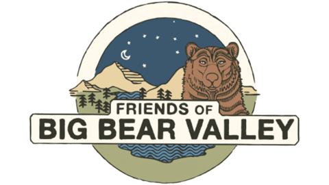 Un logotipo digital para la asociación «Friends Of Big Bear Valley»: en él aparecen un oso pardo, árboles, montañas y un lago representados de noche.