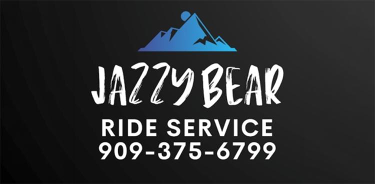 Un logotipo digital para Jazzy Bear Ride Service: el logotipo muestra una montaña azul en la parte superior y la información de contacto en la parte inferior.