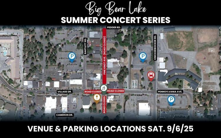 Mapa digital de los cierres de carreteras de la Summer Concert Series Village para el espectáculo de Common Sense & the Aggrolites.
