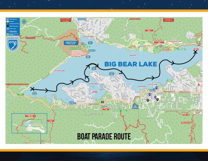 Mapa del recorrido del Desfile Náutico de las Luces del Día del Trabajo de Big Bear: las embarcaciones parten del extremo oeste del lago y llegan hasta el extremo este.