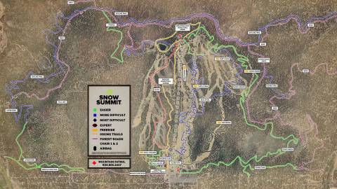 El mapa de senderos de verano de Snow Summit 2026, con las rutas de ciclismo de los alrededores de Snow Summit
