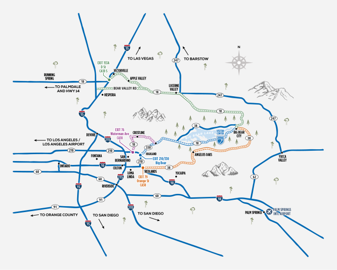 Mapa que indica las autopistas a Big Bear Lake, California