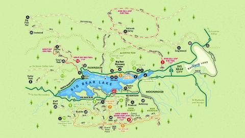 Mapa de rutas de senderismo de Big Bear con diferentes rutas, campings y merenderos en los alrededores del lago Big Bear