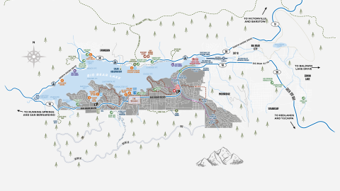 Un mapa digital de Big Bear Lake, que muestra lugares clave como senderos y parques, y también las tres principales carreteras de entrada.