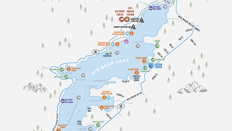 Un mapa digital para Big Bear Lake, tiene marcas para cada uno de los puertos deportivos en Big Bear Lake California.