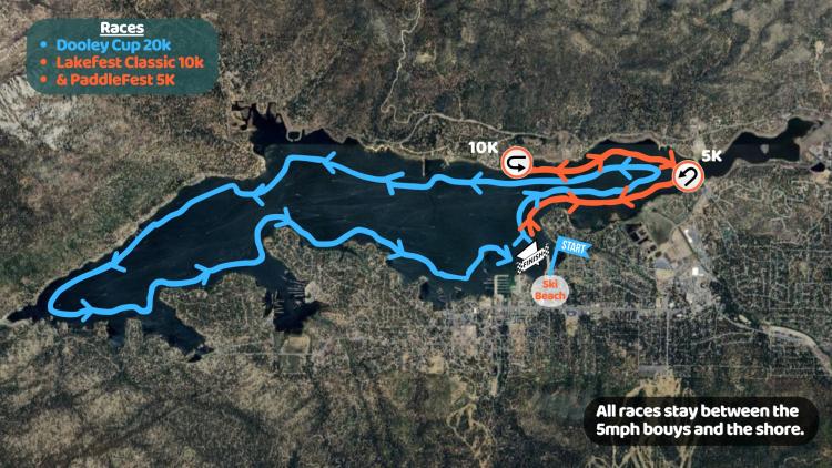 Un mapa digital del recorrido del Big Bear Paddlefest: hay dos distancias de carrera, la línea azul corresponde a los 20 km y la naranja, a los 10 km y los 5 km.