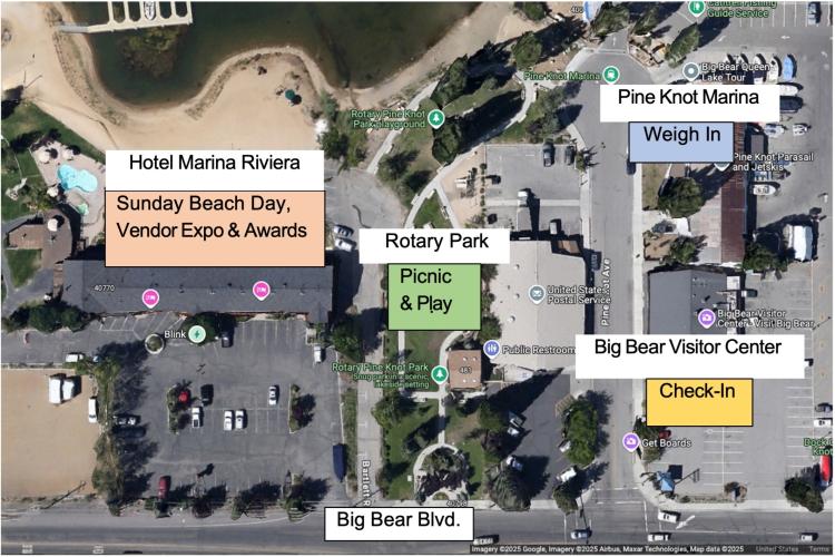 Un plano aéreo del evento «Fishin' For 50K» de 2026, que tendrá lugar en Big Bear Lake, California; en él se destacan los lugares clave del evento.