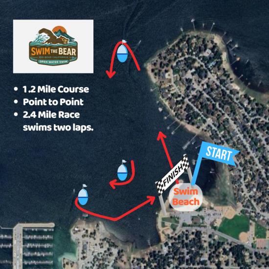 Un mapa digital del recorrido del Big Bear Paddlefest: las flechas rojas indican el recorrido a lo largo de la costa y entre las boyas, y terminan en Swim Beach.