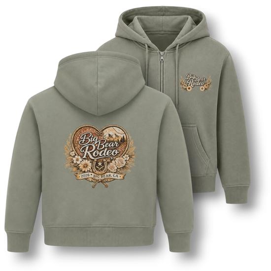 Una sudadera con capucha y cremallera de color verde grisáceo que se vendió durante el rodeo de Big Bear Lake; tiene un corazón delineado con una cuerda en la parte delantera.