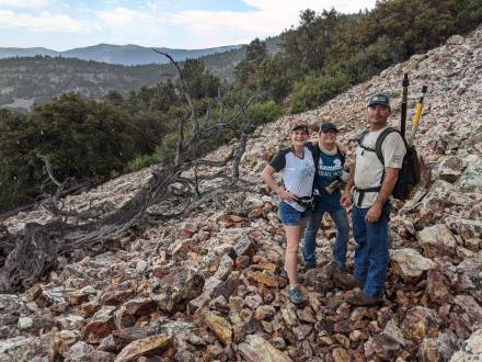 Una foto de voluntarios en una colina rocosa, uno de ellos lleva una mochila con palos largos como herramientas.