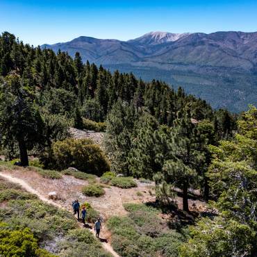 Una familia de tres miembros camina por un sendero en Big Bear Lake, California, a través de un valle boscoso. A lo lejos se ve una montaña.