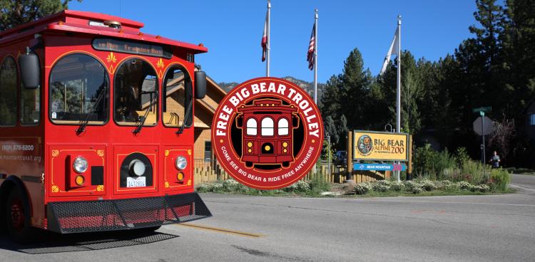 Una foto del tranvía de Big Bear frente al Alpine Zoo; su logotipo digital aparece en el centro de la foto.