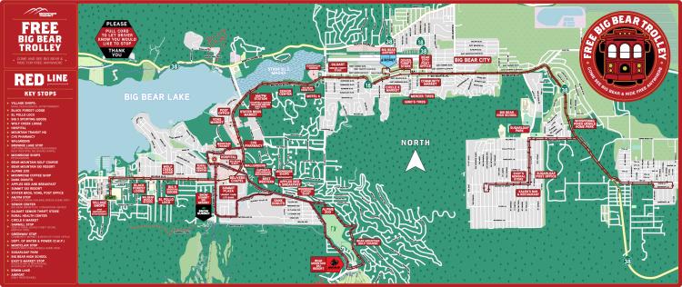 Un mapa digital de la ruta del trolebús, con la línea roja que cruza Big Bear Lake y llega a Big Bear City.
