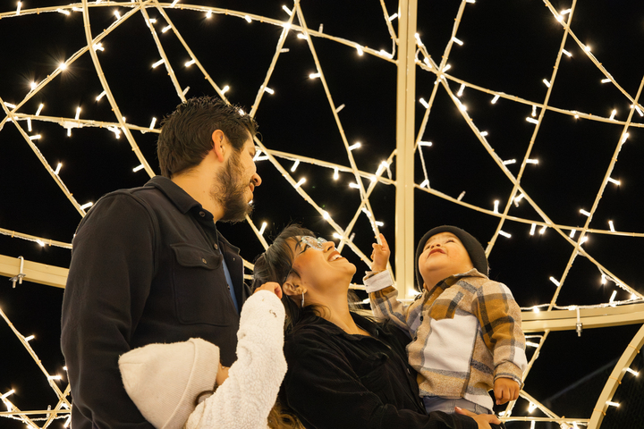 Una foto de una familia de cuatro miembros mirando hacia las brillantes Luces Salvajes del Zoo Alpino.