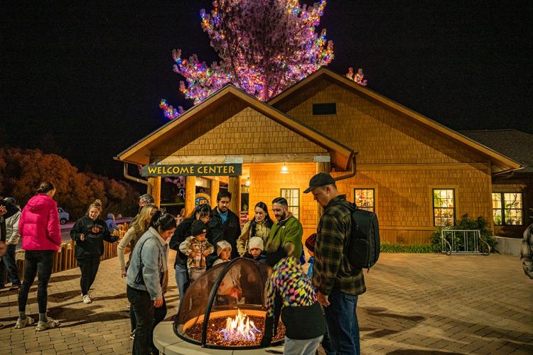 Una gran multitud, bien abrigada, de pie frente a una hoguera durante el evento «Wild Lights» del Big Bear Alpine Zoo.