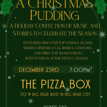 Un folleto digital para el evento Christmas Pudding en No-Name Pizza Co con música. La fecha es el 23 de diciembre a las 7:00 p. m.