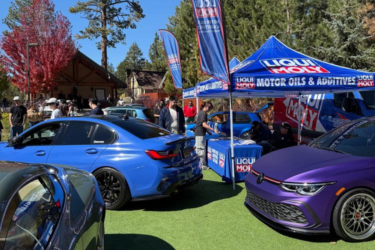 Dos coches tuneados europeos aparcados en un terreno con césped bien cortado; al fondo se ve un puesto de LiquiMoly.