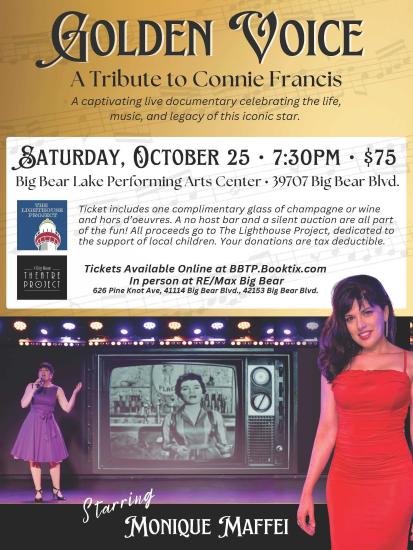Un cartel digital para el proyecto teatral de Big Bear que presenta "Golden Voice - A Tribute to Connie Francis".