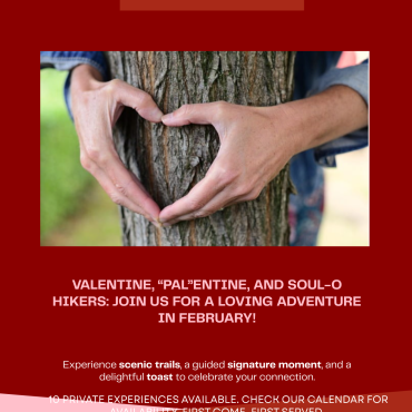 Folleto digital para el evento privado de senderismo guiado «Valentine's Hearts and Hikes» (Corazones y caminatas de San Valentín).