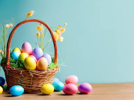 Foto de archivo: Una cesta de Pascua sobre una mesa con huevos de colores y flores amarillas. La pared de fondo es de color turquesa.
