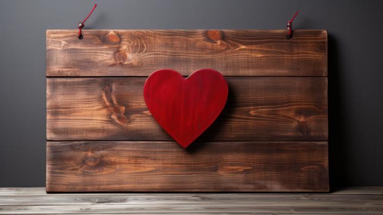 Una forma de corazón rojo pegada a un cartel de madera en una imagen temática de San Valentín.