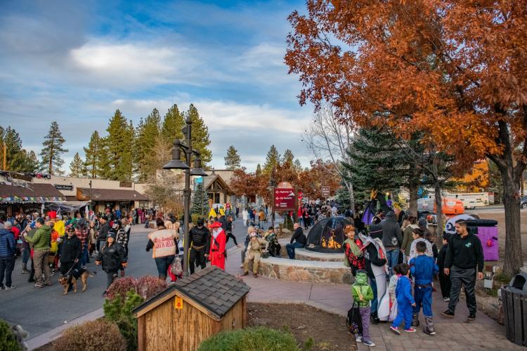 Una foto del Big Bear Lake Village durante Halloween: las hojas teñidas de los colores del otoño acompañan a la gran multitud.