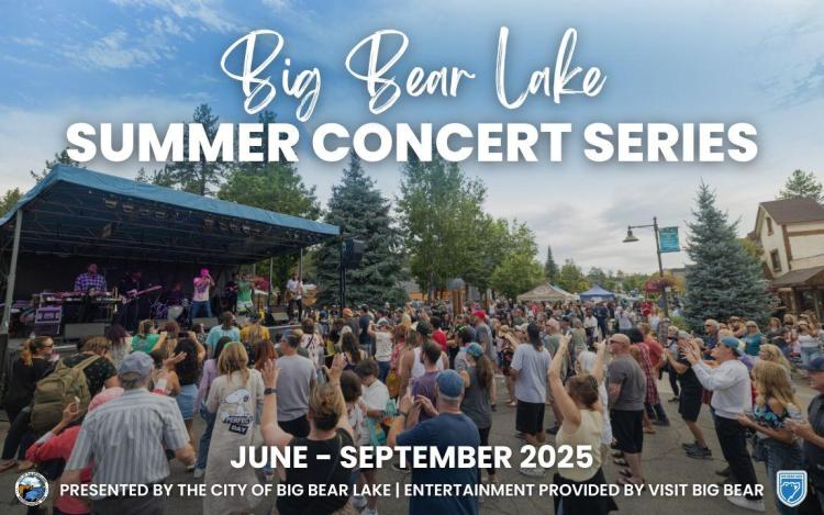 Folleto digital de la serie de conciertos de verano de Big Bear Lake, una gran multitud se reúne frente a una banda que toca en el escenario.