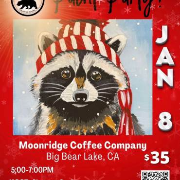 Folleto digital del evento «Paint In The Mountains» (Pintar en las montañas) que se celebrará en Moonridge Coffee Company el 8 de enero de 2026.