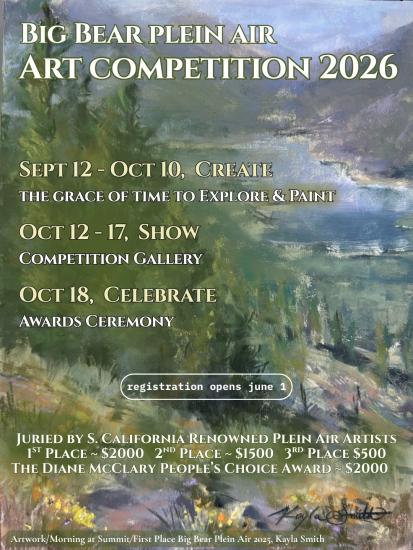 Un folleto digital del Concurso de Arte al Aire Libre de Big Bear 2026, que tendrá lugar en fechas concretas entre el 12 de septiembre y el 18 de octubre.