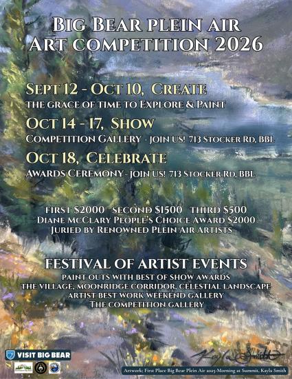 Un folleto digital del Concurso de Arte al Aire Libre de Big Bear 2026, que tendrá lugar en fechas concretas entre el 12 de septiembre y el 18 de octubre.