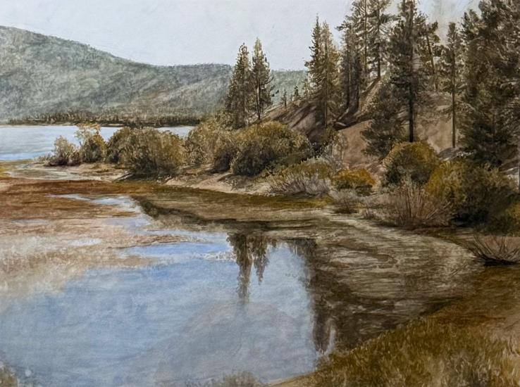 Pintura ganadora del premio del público en el Concurso de Arte Plein Air de Big Bear 2025: las aguas cristalinas y reflectantes se ven junto a los árboles.