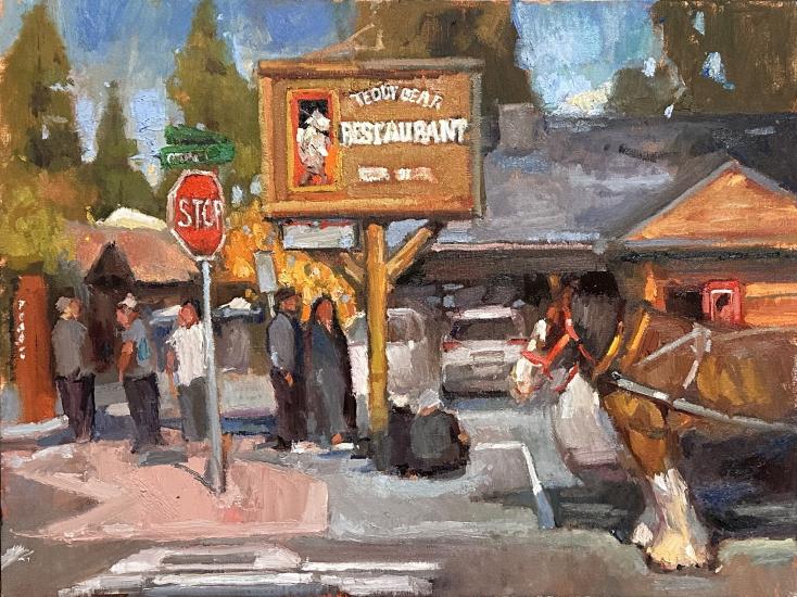 La pintura ganadora del tercer puesto del Concurso de Arte Plein Air: representa el restaurante Teddy Bear y un carruaje tirado por caballos.