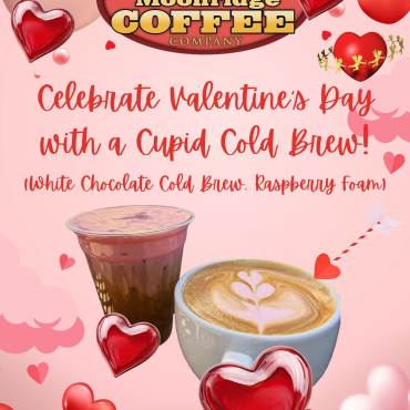 Un folleto digital para Moonridge Coffee Company en el que se presenta su oferta especial para San Valentín:  el café frío Cupid's.