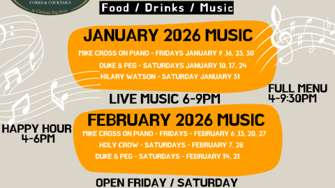 Folleto digital con el programa de música en directo que se tocará en Tiffany's Bistro / Chateau Big Bear de 18:00 a 21:00.