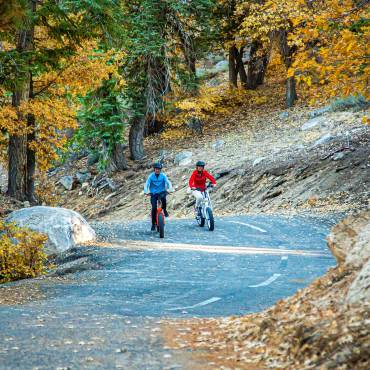 Dos ciclistas recorren una carretera de curvas bordeada de robles dorados durante la estación otoñal en Big Bear Lake, California.