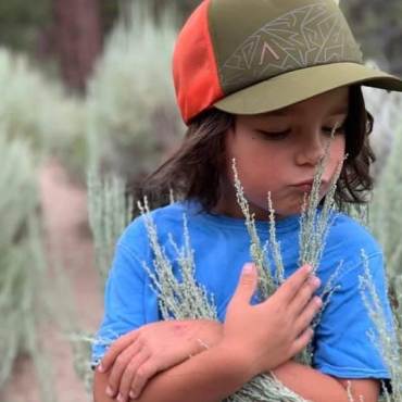 Un niño huele una planta de salvia en una ruta de senderismo en Big Bear.
