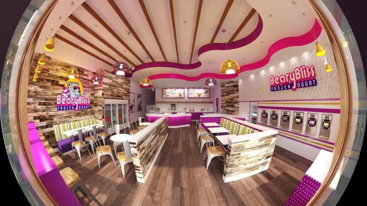 Imagen de ojo de pez de la heladería Beary Bliss Frozen Yoghurt en Big Bear Lake, California. La decoración interior incluye rayas rosas e iluminación.