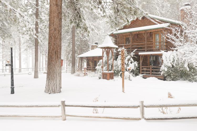La nieve cubre el patio de una cabaña en Big Bear, con altos árboles que rodean la alta cabaña.