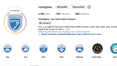 The Visit Big Bear Instagram page, there are categories for dining, pets, winter, arts, wellness, and Care For Big Bear.