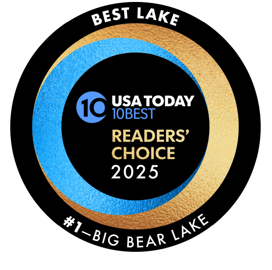 Premio 2025 de Big Bear Lake de USA Today 10 Best, el premio dice "Mejor Lago, 1er lugar Big Bear Lake"